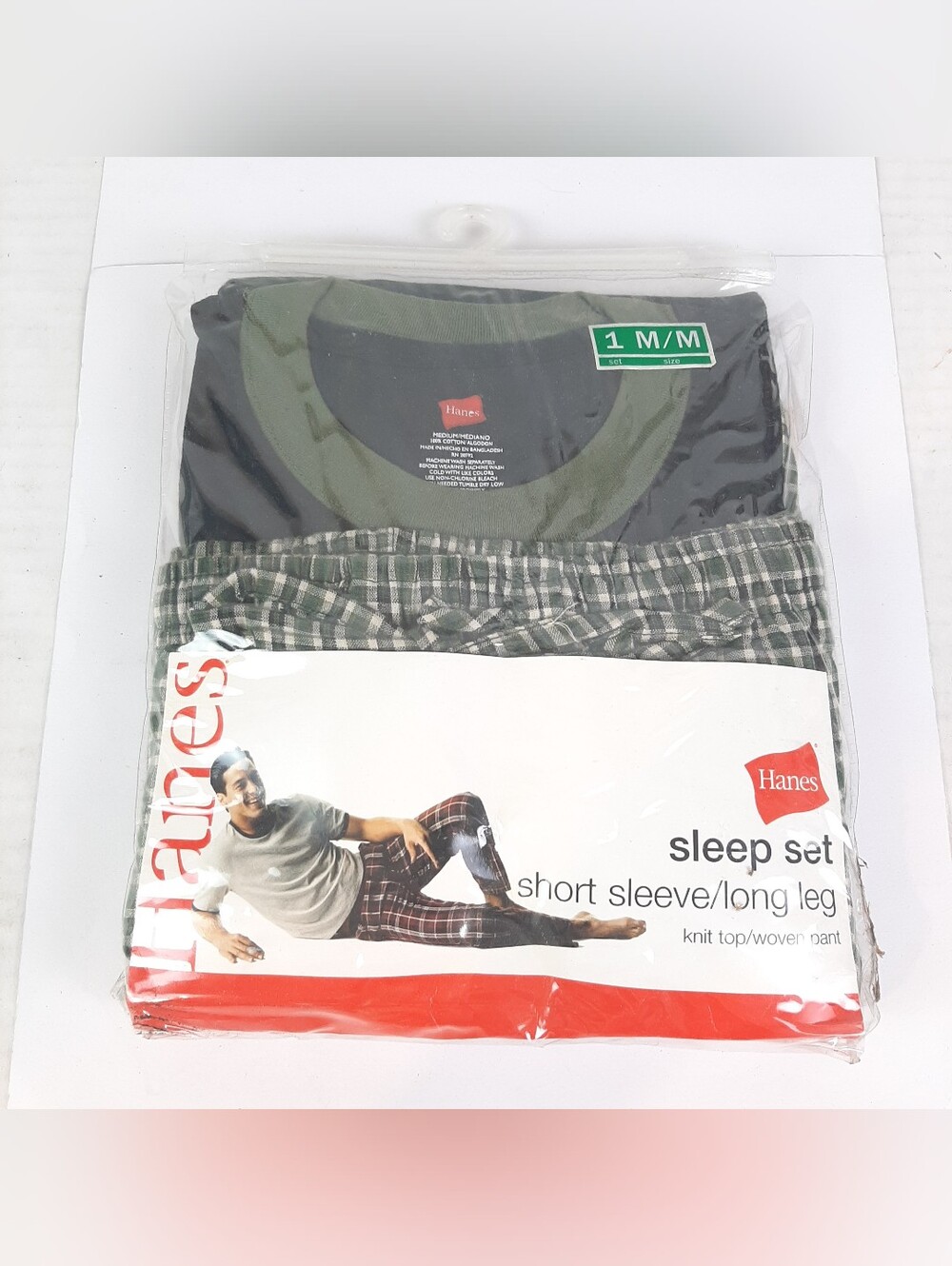 🛍New Hanes Men's Medium Two Piece Pajama Sleep Set Green Black White